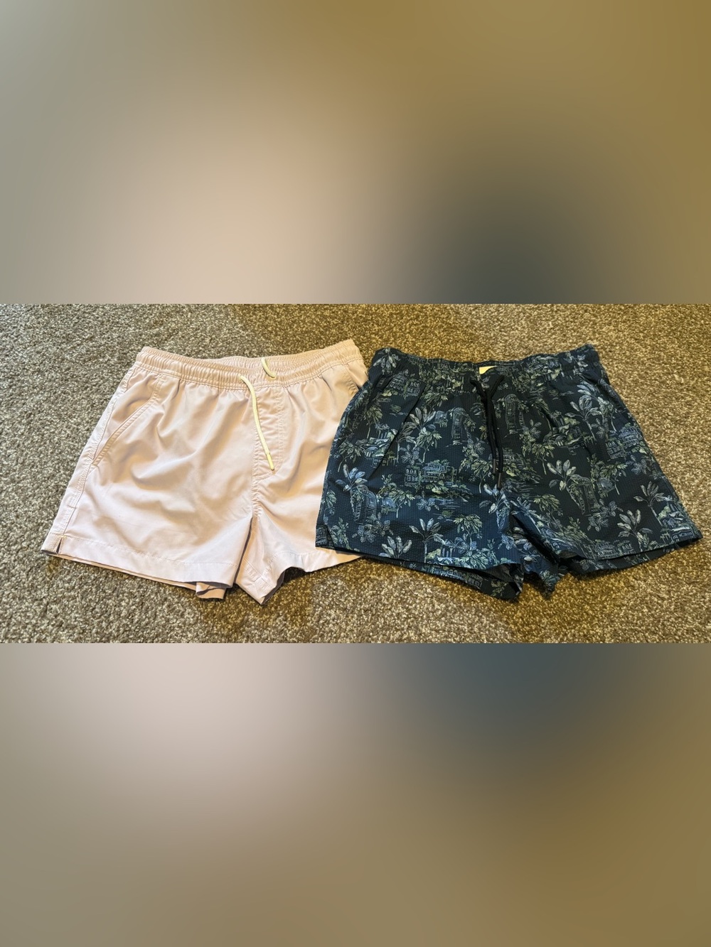 Pair of Casual Swim Shorts - Light Purple & Navy Tropical Print